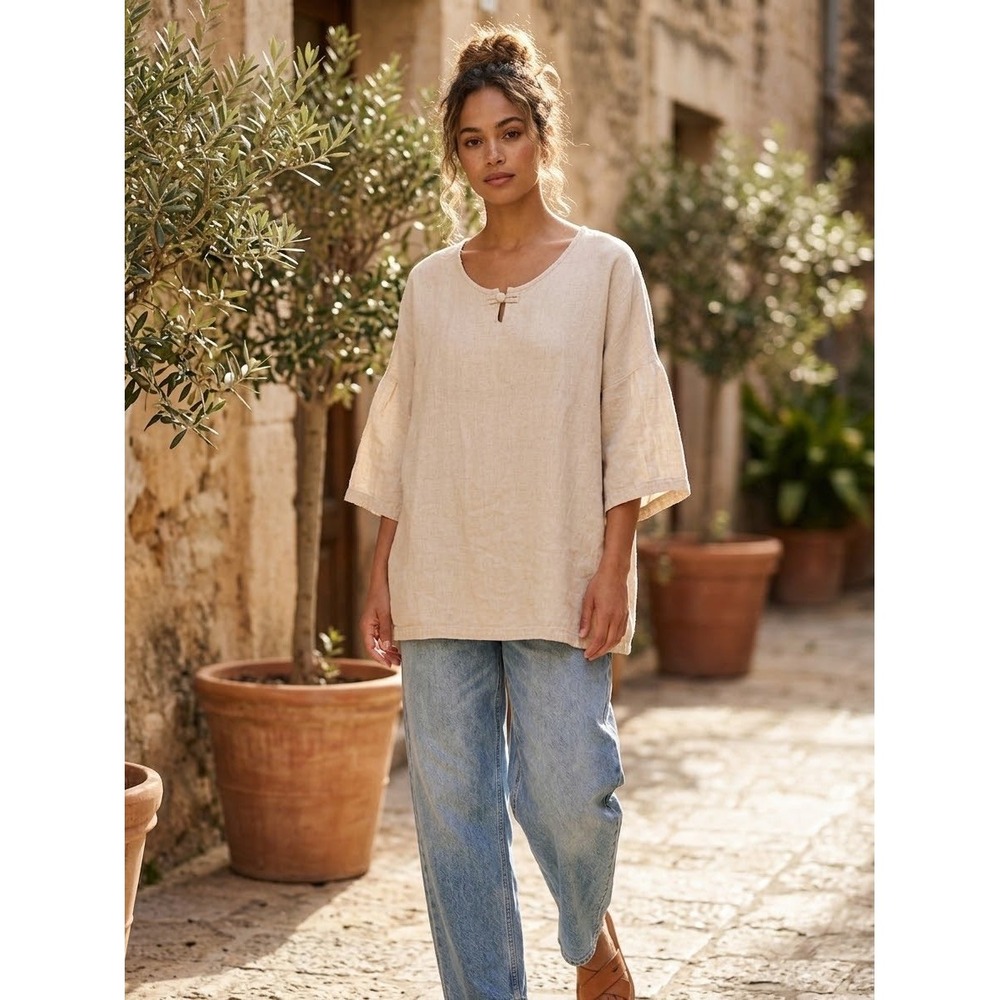 Minibee Linen Cotton Blend Oversized Tunic Top Beige Frog Button Keyhole Blouse